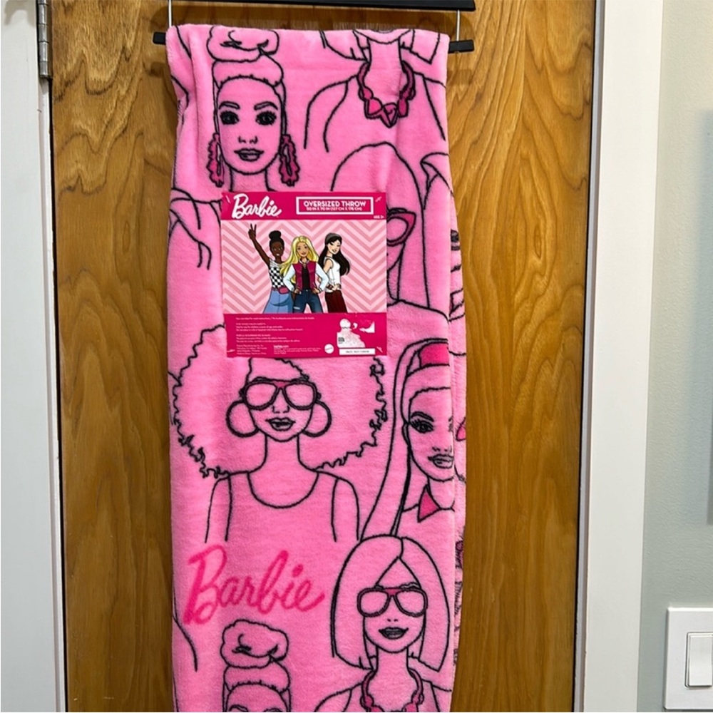 Barbie Oversized Throw Blanket Pink Portrait Faces Print 50x70 NWT
